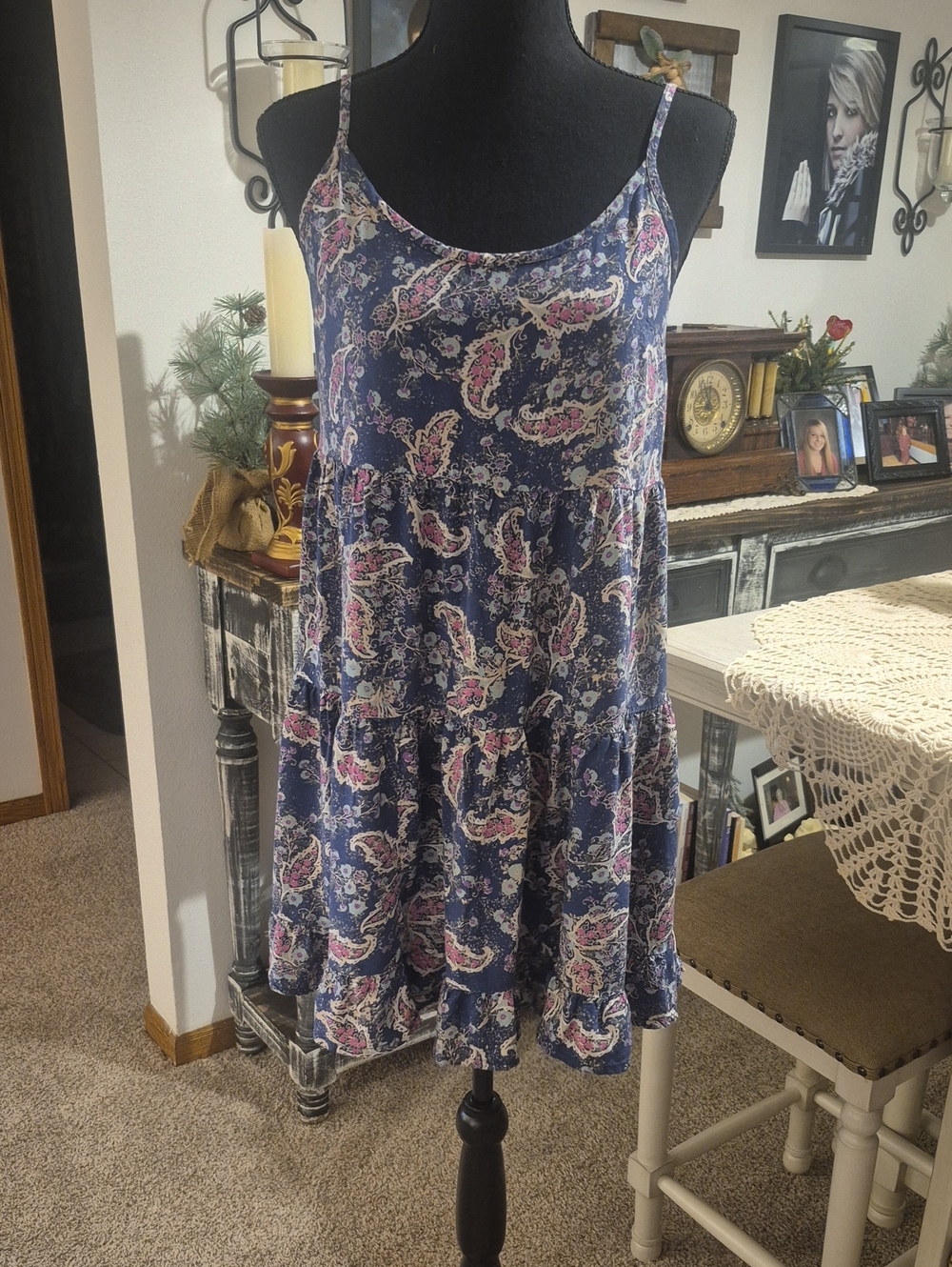 Mossimo Supply Co. Navy Paisley Tiered Spaghetti Strap Dress